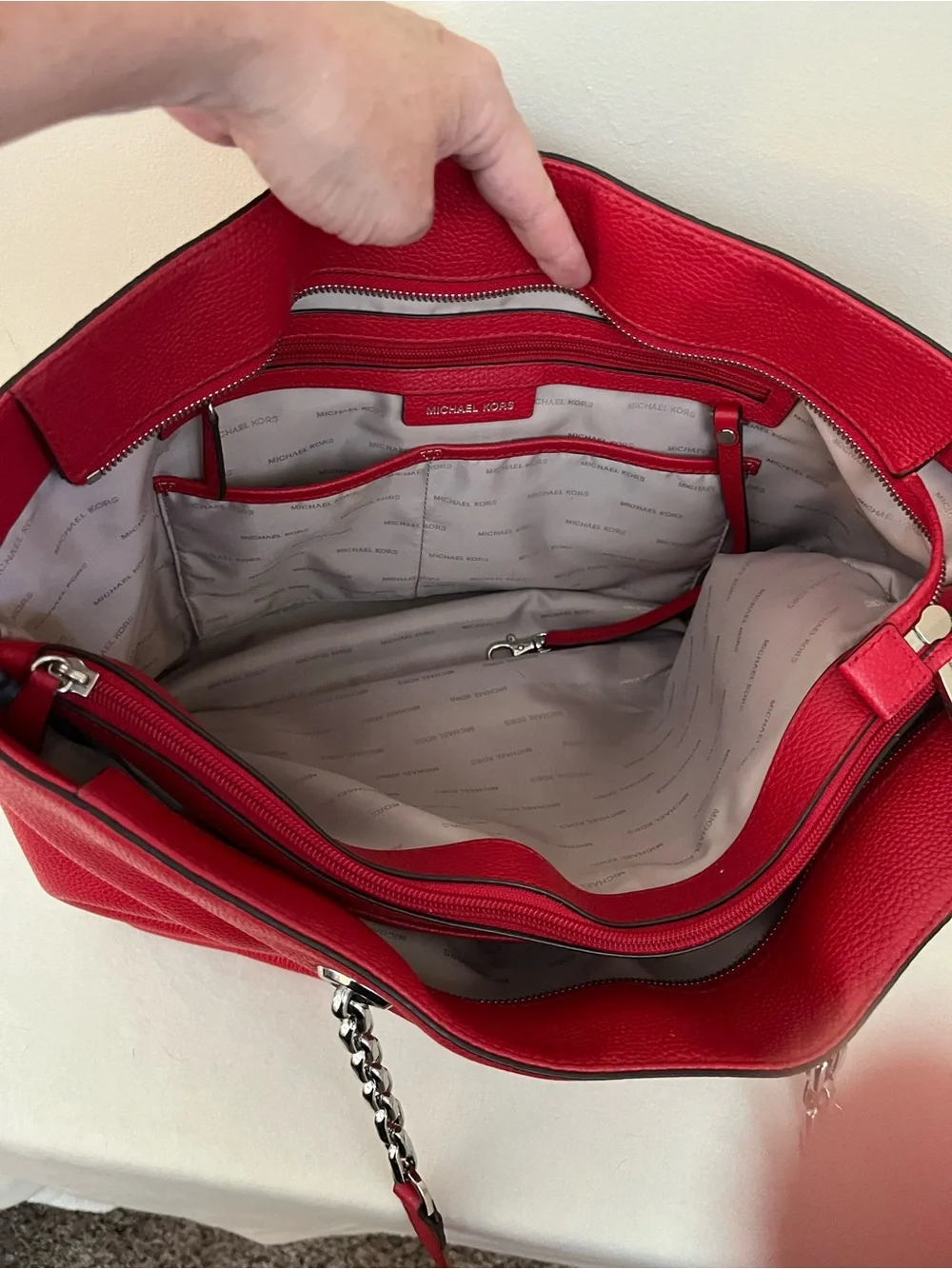 Michael Kors Pebbled Red Leather Tote/Laptop Bag with Silver Hardware